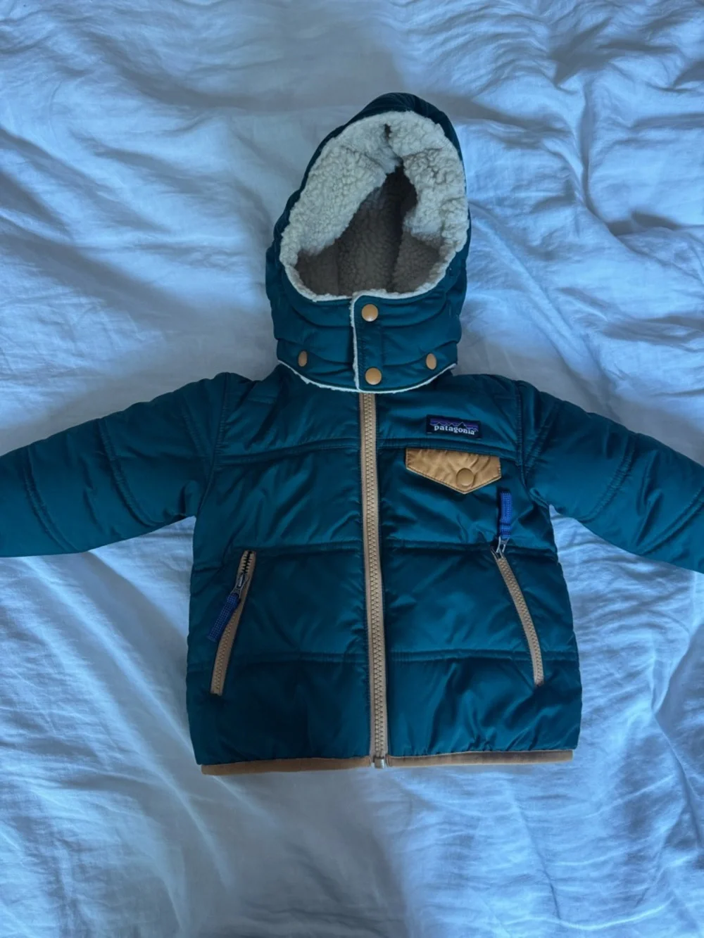 Patagonia Sherpa-Lined Puffer Jacket in Dark Green + Tan reversible